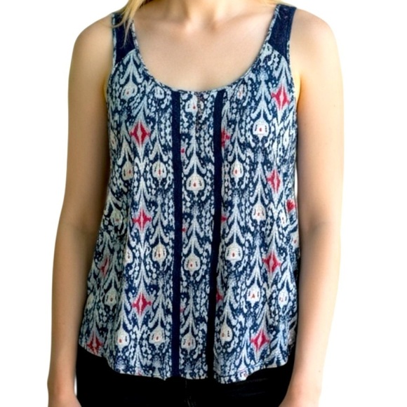 Lucky Brand boho print tank Lace on front and back blue white and red Large - Picture 8 of 8